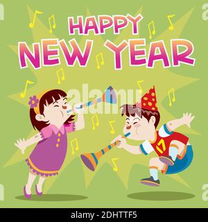 a pair of girl and boy celebrate the new year together by blowing trumpets Stock Vector