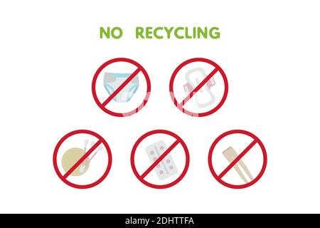 Waste sorting set vector illustration. No recycling trash, nylon, diapers, pad, tampon, tablets, glue wet wipes sticks Stock Vector