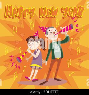 a pair of girl and boy celebrate the new year together by blowing trumpets Stock Vector