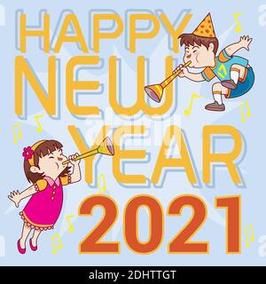 a pair of girl and boy celebrate the new year together by blowing trumpets Stock Vector