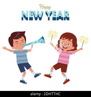 a pair of girl and boy celebrate the new year together by blowing trumpets and holding fireworks Stock Vector