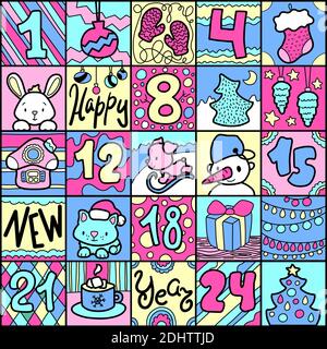 Cute doodle advent calendar with funny animals, square format for 25 days. Pink violet advent calendar for kids. Square calendar with New Year decor. Stock Vector