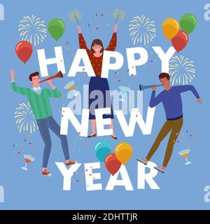 A group of young people celebrating new year together with fireworks, balloons, confetti and drinks Stock Vector