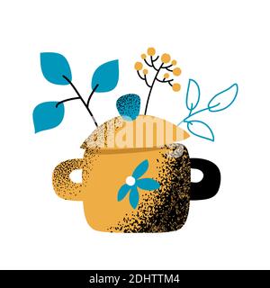 Cooking pot with cap and floral elements, vector illustration on white background. Cooking pot with botanical decor. Vegetarian kitchen concept. Vinta Stock Vector