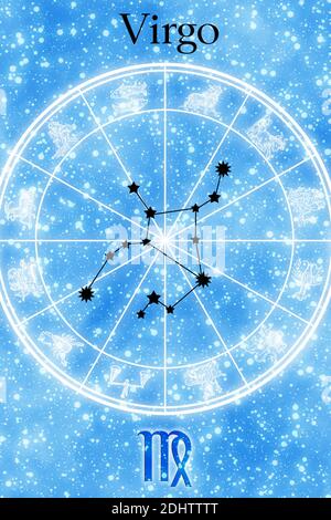 card with symbol, name and constellation of the zodiac sign of Virgo Stock Photo