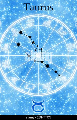 card with symbol, name and constellation of the zodiac sign of Taurus Stock Photo
