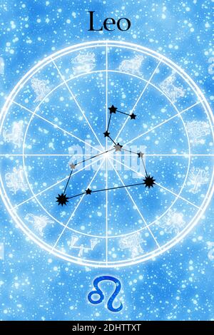 card with symbol, name and constellation of the zodiac sign of Leo Stock Photo