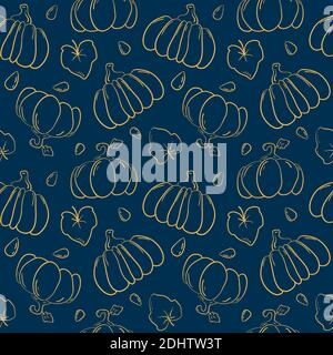 Outline pumpkin vector seamless pattern. Orange squash on white background. Elegant dark print with pumpkin for home textile and kitchen decor. Thanks Stock Vector