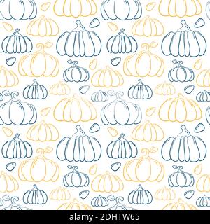 Handdrawn pumpkin vector seamless pattern. Blue and orange squash on white background. Regular clear print with pumpkin for home textile and kitchen d Stock Vector