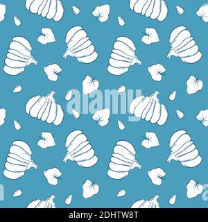 Handdrawn pumpkin vector seamless pattern. White squash on blue background. Sparse print with pumpkin for home textile and kitchen decor. Harvest Than Stock Vector