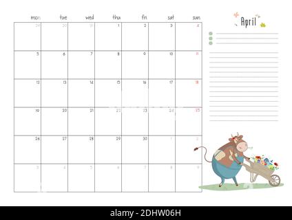 Printable A4 planner page for April 2021 with a cute bull, cow or ox, the symbol of the new year 2021 according to the Chinese calendar. Ready-to-prin Stock Vector