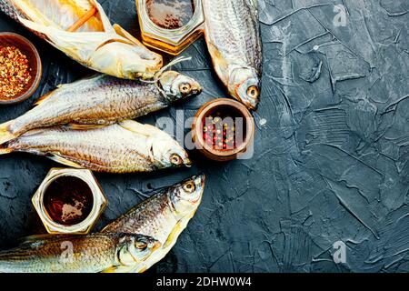 Dried fish on the table,salty dry sea fish for beer Stock Photo