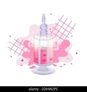 Pink rose water bottle - illustration, hand drawn and simple. Rose essential oil in bottle for print, sticker, label of Natural cosmetic Stock Vector