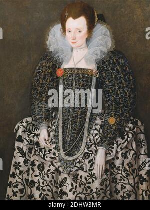 Portrait of a Woman, Traditionally Identified as Mary Clopton (born Waldegrave), of Kentwell Hall, Suffolk, Robert Peake the Elder, ca. 1551–1619, British, Formerly attributed to Marcus Gheeraerts the Younger, 1561–1635, Flemish, active in Britain (from 1568), ca. 1600, Oil on panel, Support (PTG): 44 3/4 x 34 3/4 inches (113.7 x 88.3 cm), corn, costume, Elizabethan, pearls, pomegranate, portrait, roses (plant), Tudor, woman Stock Photo