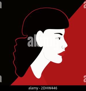 Female portrait. Young woman face on black and red background, side view, long hair. Vector illustration Stock Vector