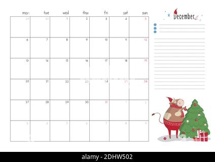 Printable A4 planner page for December 2021 with a cute bull, cow or ox, the symbol of the new year 2021 according to the Chinese calendar. Week start Stock Vector