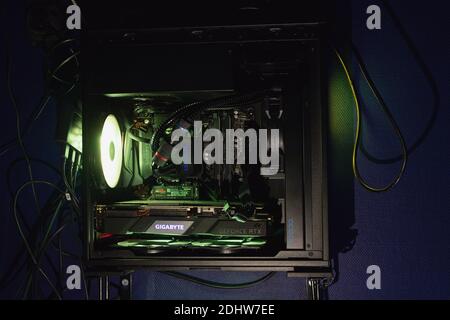 Computer system block with transparent case, rgb led lighting and water cooling. Modern computer technology. Omsk, Russia, 27.10.2020 Stock Photo