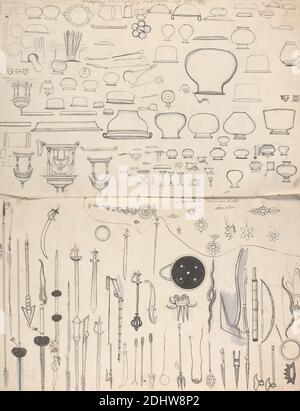 Military Weapons, Female Ornaments, Utencils for Culinary and Religious Purposes, Gangaram Chintaman Tambat, active 1790s, Anglo-Indian, undated, Watercolor, graphite, and gouache with pen and black ink and pen and brown ink on medium, slightly textured, cream laid paper, Sheet: 22 1/4 × 17 1/4 inches (56.5 × 43.8 cm Stock Photo