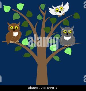 Two owls sit on a tree and a third owl flies up to the tree at night. Stock Vector