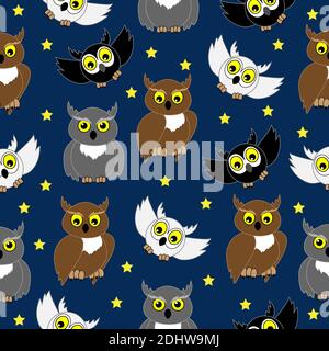 Owls of various colors at night. Vector seamless illustration. Stock Vector
