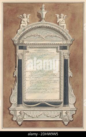 Memorial to Francis Phelips, from Sunbury Church, Daniel Lysons, 1762–1834, British, between 1796 and 1811, Pen and black ink, watercolor and gouache over graphite on medium, slightly textured, cream wove paper, Sheet: 15 1/4 × 11 inches (38.7 × 27.9 cm), architectural subject, church, memorial, England, Greater London, London, St. Mary's Church, Sunbury, United Kingdom Stock Photo