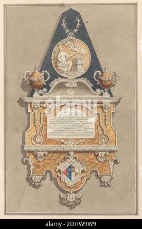 Memorial to Jane Coke, from Sunbury Church, Daniel Lysons, 1762–1834, British, between 1796 and 1811, Pen and black ink, watercolor and gouache over graphite on medium, slightly textured, cream wove paper, Sheet: 15 1/8 × 11 inches (38.4 × 27.9 cm), architectural subject, church, memorial, England, Greater London, London, St. Mary's Church, Sunbury, United Kingdom Stock Photo