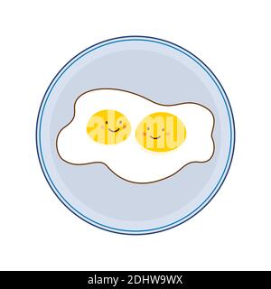Omelette Two Yolk with Sweet Smiling Happy Cartoon Faces on a platter with a blue border, flat style, isolated on white. Stock Vector