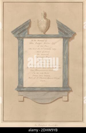 Memorial to John Badger Willer from Romford Church, Daniel Lysons, 1762–1834, British, between 1796 and 1811, Pen and black ink, watercolor and gouache over graphite on medium, slightly textured, cream wove paper, Sheet: 15 × 10 5/8 inches (38.1 × 27 cm), architectural subject, church, memorial, England, Greater London, London, Romford, St Edward the Confessor Church, United Kingdom Stock Photo