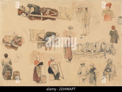 Sketches of Peasants and Work-Horses, Samuel Prout, 1783–1852, British, undated, Watercolor with pen and ink over graphite on moderately thick, slightly textured, beige wove paper, Sheet: 6 x 8 1/2 inches (15.3 x 21.6 cm), animal art, aprons, barrels, bonnets, canes, cargo, dresses, figure study, figures, genre subject, harnesses, hats, horses (animals), kerchiefs, men, peasants, scarves (costume accessories), sketches, top hats, trousers, women Stock Photo