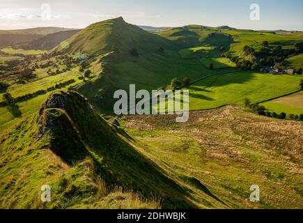 View from Parkhouse Hill along the Dragon's Back ridge to Chrome Hill in the Derbyshire Peak District UK Stock Photo