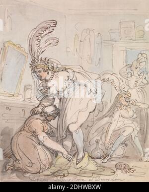 The Actresses Dressing Room at Drury Lane, Thomas Rowlandson, 1756–1827, British, between 1800 and 1810, Watercolor with pen and red-brown and gray ink, over graphite on medium, moderately textured, blued white, laid paper, Sheet: 7 3/8 x 6 inches (18.7 x 15.2 cm), actresses, dresses, dressing room, drinking, Feathers, food, genre subject, mirror, vanity, Covent Garden, Drury Lane, England, Europe, Greater London, London, United Kingdom, Westminster