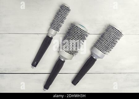 set of professional hairdresser combs. flat lay, top view Stock Photo