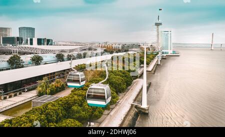 Aerial photo of cable car and Vasco da Gama tower. Sightseeing in Lisbon, Portugal. Stock Photo