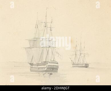 Frigate and Corvette, Stern Forward, Joseph Cartwright, c.1789–1829, British, undated, Pen, in gray ink, gray wash and graphite on medium, moderately textured, beige, wove paper, mounted on, moderately thick, slightly textured, beige, wove paper, Mount: 13 9/16 × 16 5/16 inches (34.4 × 41.4 cm) and Sheet: 5 1/8 × 6 1/2 inches (13 × 16.5 cm Stock Photo