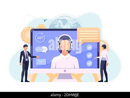 Woman Call Center Operator with Headsets Inside PC Monitor. Customer Service and Online Support Concept. Stock Vector