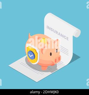 Flat 3d Isometric Piggy Bank Full of Money with Shield on The Insurance Document. Money Protection and Financial Saving Insurance Concept. Stock Vector