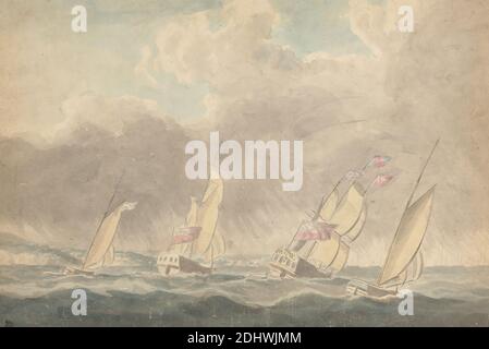 Two Sloops of War, One Barque and One Schooner (?), Sterns Forward, in Heavy Seas; Several Sailing Vessels in Background, Joseph Cartwright, c.1789–1829, British, undated, Watercolor, with pen, in gray ink, gray wash and graphite on moderately thick, moderately textured, beige, laid paper, mounted on, moderately thick, smooth, beige, wove paper, Mount: 14 13/16 × 21 inches (37.6 × 53.3 cm) and Sheet: 13 5/8 × 20 1/4 inches (34.6 × 51.4 cm Stock Photo