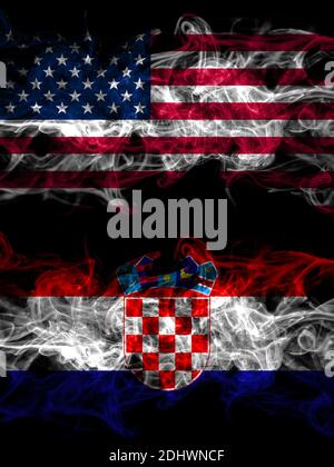 United States of America, America, US, USA, American vs Croatia, Croatian smoky mystic flags placed side by side. Thick colored silky abstract smoke f Stock Photo