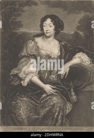 Isabelle d'Orleans, Duchesse de Guise, Print made by Jan van der Bruggen, 1649–1714, Dutch, after Pierre Mignard, 1612–1695, French, Published by Jan van der Bruggen, 1649–1714, Dutch, undated, Mezzotint on moderately thick, moderately textured, beige laid paper, Sheet: 11 15/16 × 8 5/8 inches (30.4 × 21.9 cm) and Image: 11 3/8 x 8 5/8 inches (28.9 x 21.9 cm), brocade, costume, curls, duchess, French, fringe, nobility, pattern (design element), portrait, ruffle, tassel, trees, velvet, woman Stock Photo