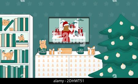 Room wall with TV, bookcase, tree and Christmas decorations. Cute Toy hippo, bull, deer, hare, cat and other gifts for the New Year Stock Vector