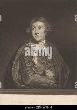 David Garrick in the Character of 'Kitely', Print made by John Finlayson, 1730–1776, British, after Sir Joshua Reynolds RA, 1723–1792, British, 1769, Mezzotint on moderately thick, slightly textured, beige laid paper, Sheet: 14 15/16 × 10 15/16 inches (37.9 × 27.8 cm) and Image: 13 7/16 x 10 15/16 inches (34.1 x 27.8 cm), actor, buttons, cape, cloak, collar, embroidery, Every Man in His Humour (1598), play by Benjamin Jonson (1572-1637), lace, literary theme, plays by Benjamin Jonson (1572–1637), poet and playwright, portrait, posing, tassels, vest Stock Photo