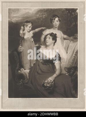 Lady Acland and Children, Print made by Samuel Cousins, 1801–1887, British, after Sir Thomas Lawrence, 1769–1830, British, 1826, Mezzotint, line engraving, and stipple engraving on moderately thick, slightly textured, cream laid paper, Sheet: 18 7/8 x 15 1/8 inches (47.9 x 38.4 cm), Plate: 15 1/16 x 11 7/8 inches (38.2 x 30.2 cm), and Image: 14 3/8 x 11 1/4 inches (36.5 x 28.6 cm), armchair, boys, brocade, children, couch, dog (animal), drapery, dresses, gesture, gowns, hat, lady, landscape, mother, nobility, pattern (design element), portrait, sash, sofa, sons, tassel, trees, woman Stock Photo