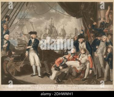 The Celebrated Victory ... on the Glorious First of June 1794, Print made by Daniel Orme, 1766–1837, British, after Mather Brown, 1761–1831, American, active in Britain, Published by Daniel Orme, 1766–1837, British, 1795, Color-printed stipple engraving and etching with hand coloring in watercolor on medium, slightly textured, cream laid paper, Sheet: 19 7/8 × 23 1/4 inches (50.5 × 59.1 cm) and Image: 17 × 22 3/4 inches (43.2 × 57.8 cm