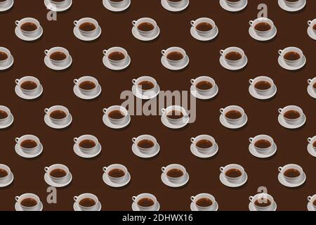 Coffee background. Trendy seamless pattern of white cups on brown backdrop. Stock Photo