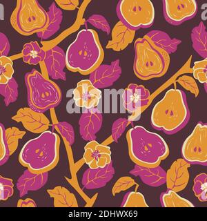 Vector seamless pattern of blooming pear tree. Ripe pears on blooming branches. Colorful nature design for clothes. Stock Vector