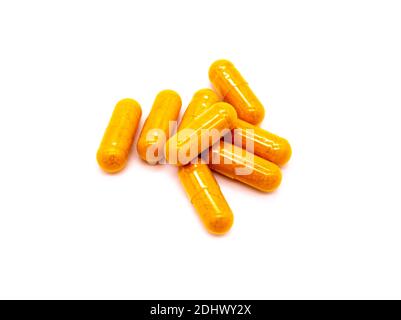 Organic turmeric capsules isolated on white background Stock Photo