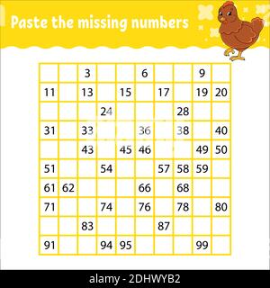 Paste the missing numbers from 1 to 100. Handwriting practice. Learning numbers for kids. Education developing worksheet. Game for children. Isolated Stock Vector
