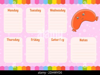 School schedule. Timetable for schoolboys. Empty template. Weekly planer with notes. Isolated color vector illustration. Cartoon character. Stock Vector