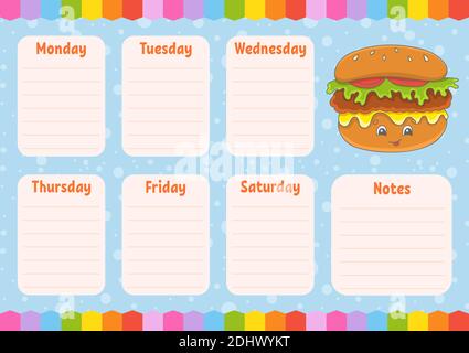School schedule. Timetable for schoolboys. Empty template. Weekly planer with notes. Isolated color vector illustration. Cartoon character. Stock Vector