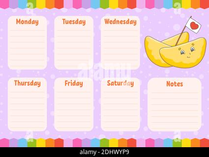 School schedule. Timetable for schoolboys. Empty template. Weekly planer with notes. Isolated color vector illustration. Cartoon character. Stock Vector